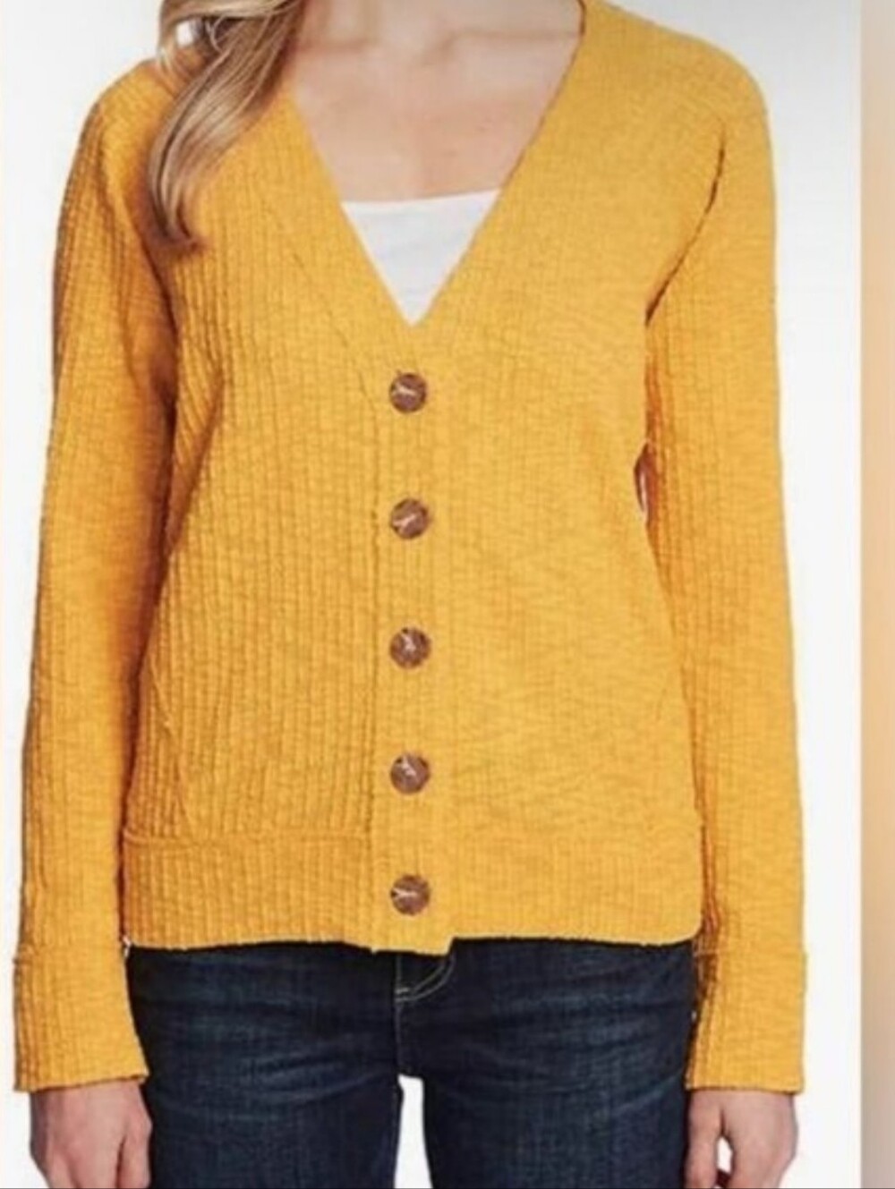 Two By Vince Camuto Mustard Yellow Slub Knit V-neck Button Front Cardigan Sz XL